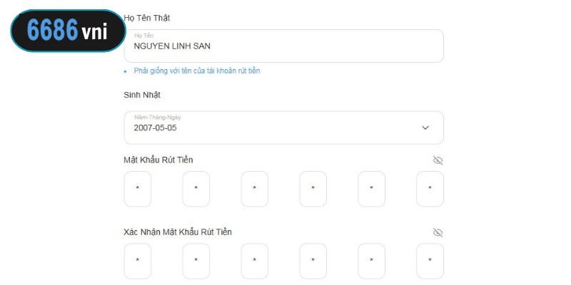 Hội viên cập nhật mật khẩu rút tiền 6686 theo quy định